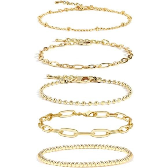 Gold Chain Bracelet Sets Women 14K Gold Plated Dainty Link Paperclip Bracelets - Picture 1 of 6